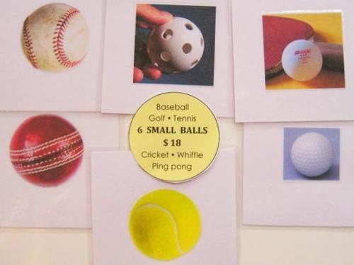 6 SMALL SPORTING BALLS, cards only