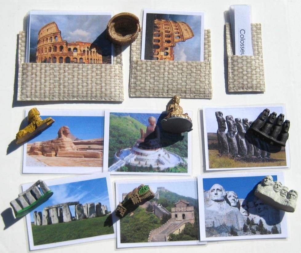 7 WORLD LANDMARKS & matching 3-part cards
