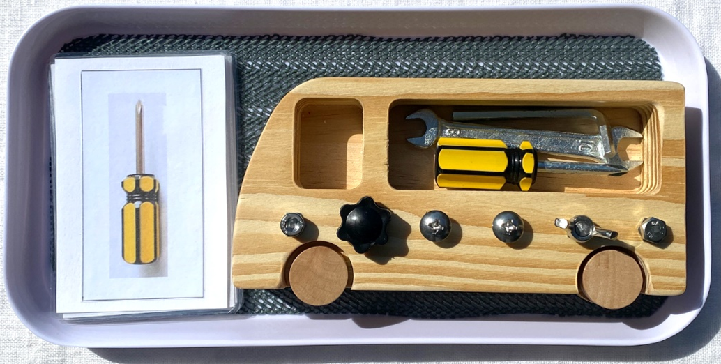 WOODEN MANIPULATION BOARD with 6 Screws, 3 Tools, Matching Cards and Tray