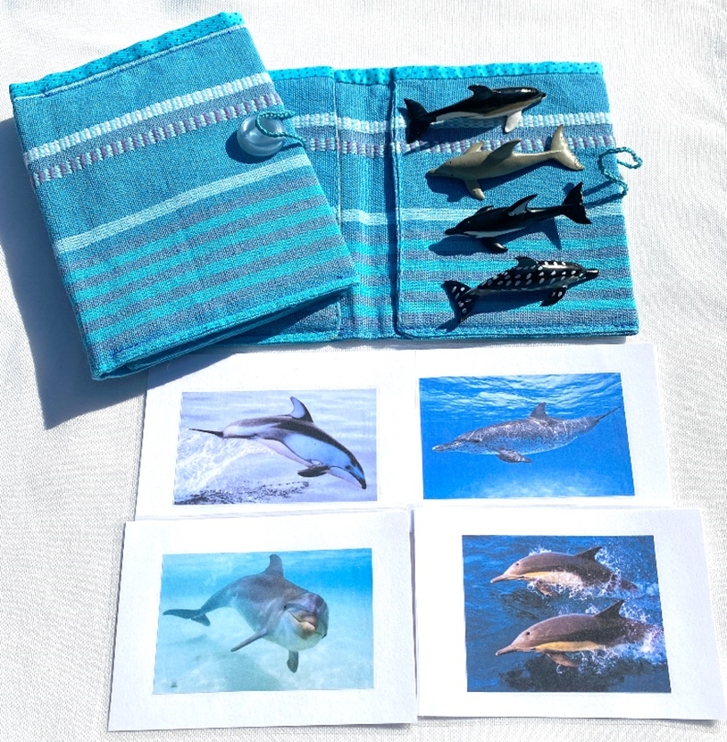 4 DOLPHINS & matching cards in Fabric Envelope with Pearl Button