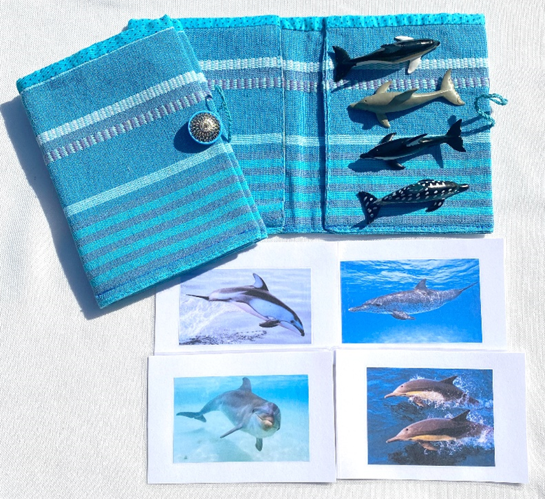 4 DOLPHINS & matching cards in Fabric Envelope with Silver Button