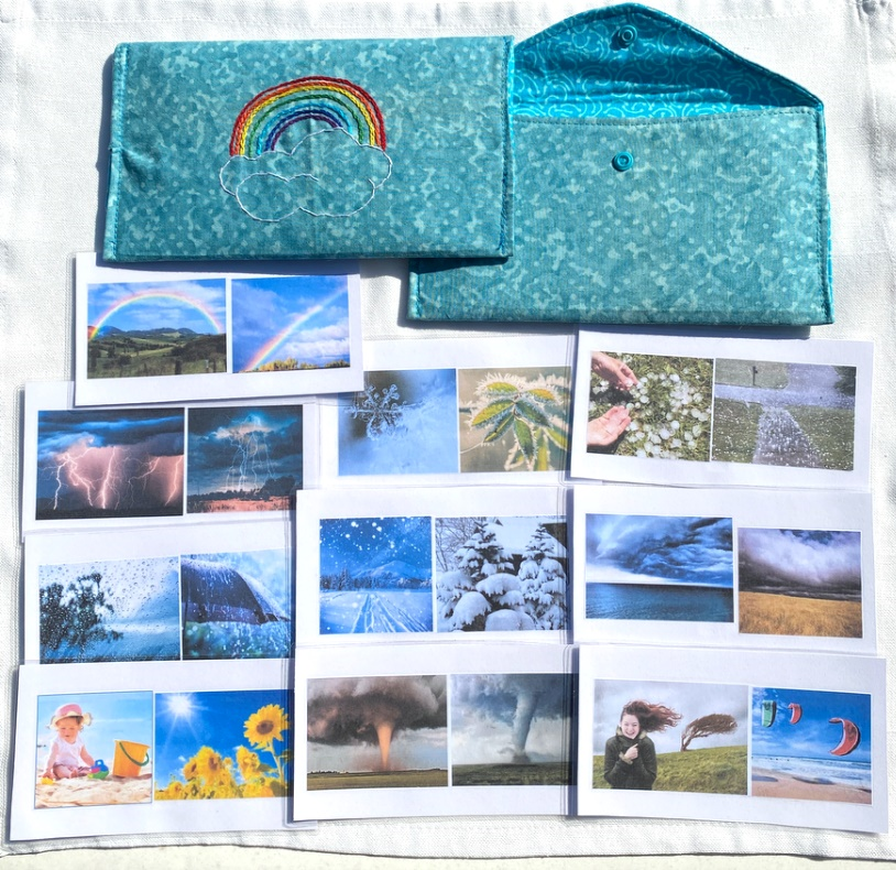 10 WEATHER Cards in Fabric Envelope of Aqua Blue