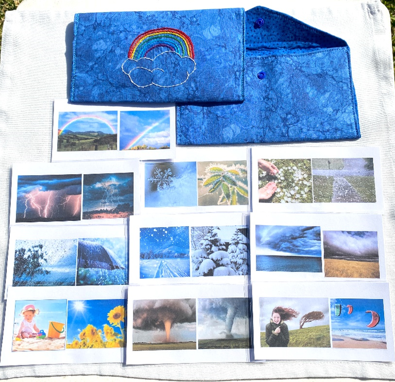 10 WEATHER Cards in Fabric Envelope of Marbled Blue