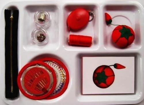 8 SEWING ITEMS & matching cards in divided presentation tray