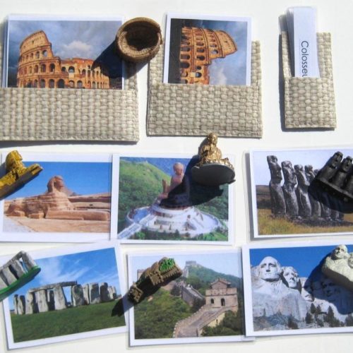 7 WORLD LANDMARKS & matching 3-part cards